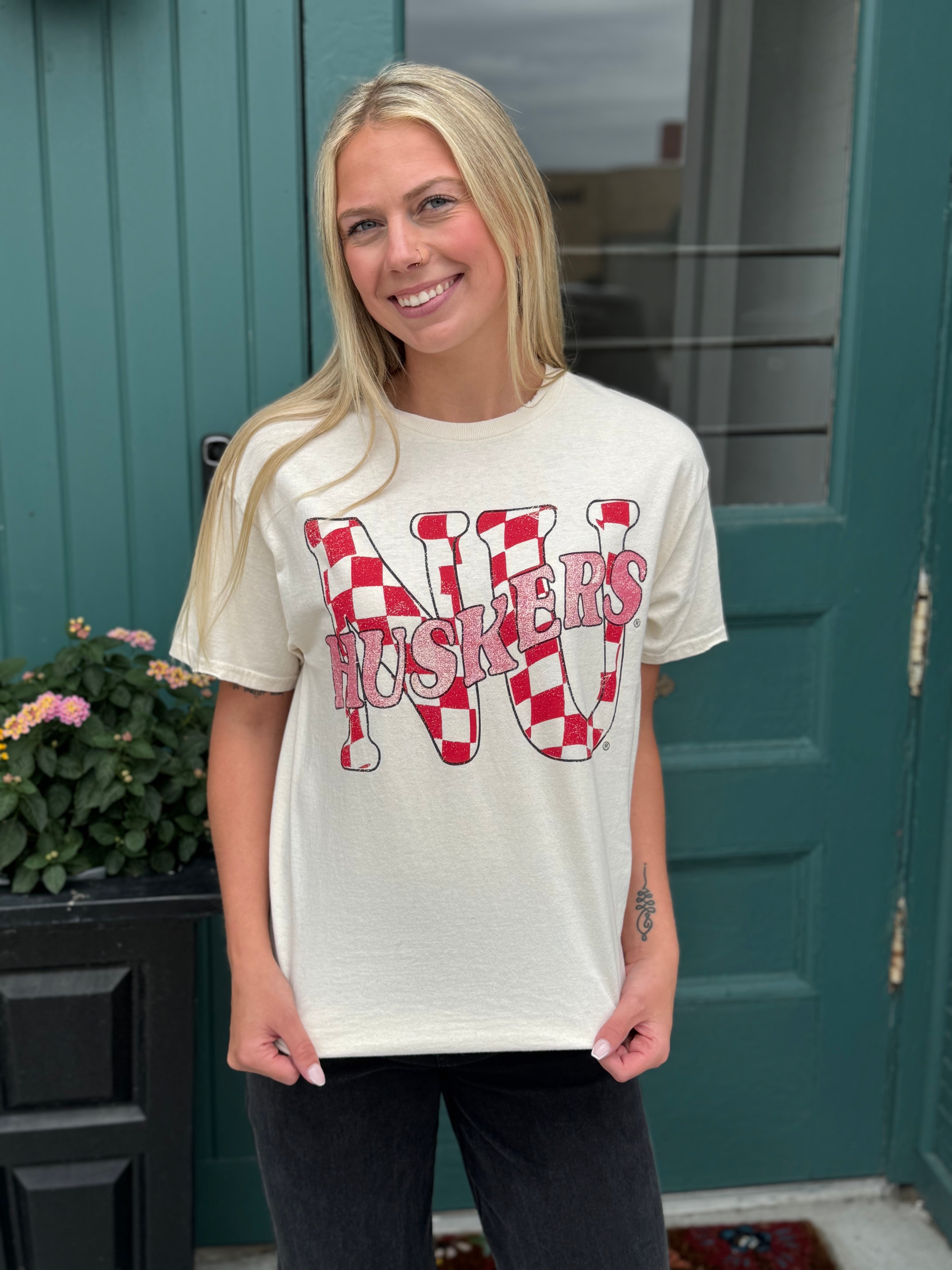 Nebraska Huskers Twisted Check Off-White Thrifted Tee GORGEOUS